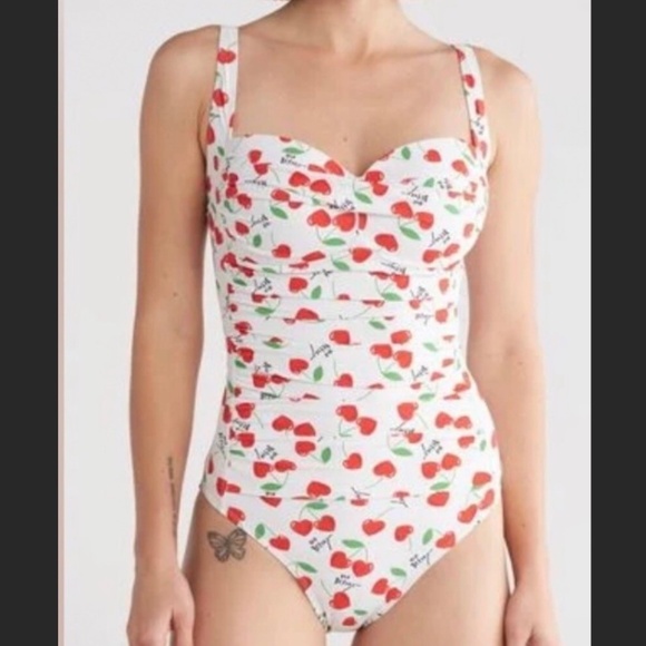 NEW w/ Tags Betsey Johnson 1-Pc Bathing Suit Cherry Bomb Print L - Picture 1 of 7